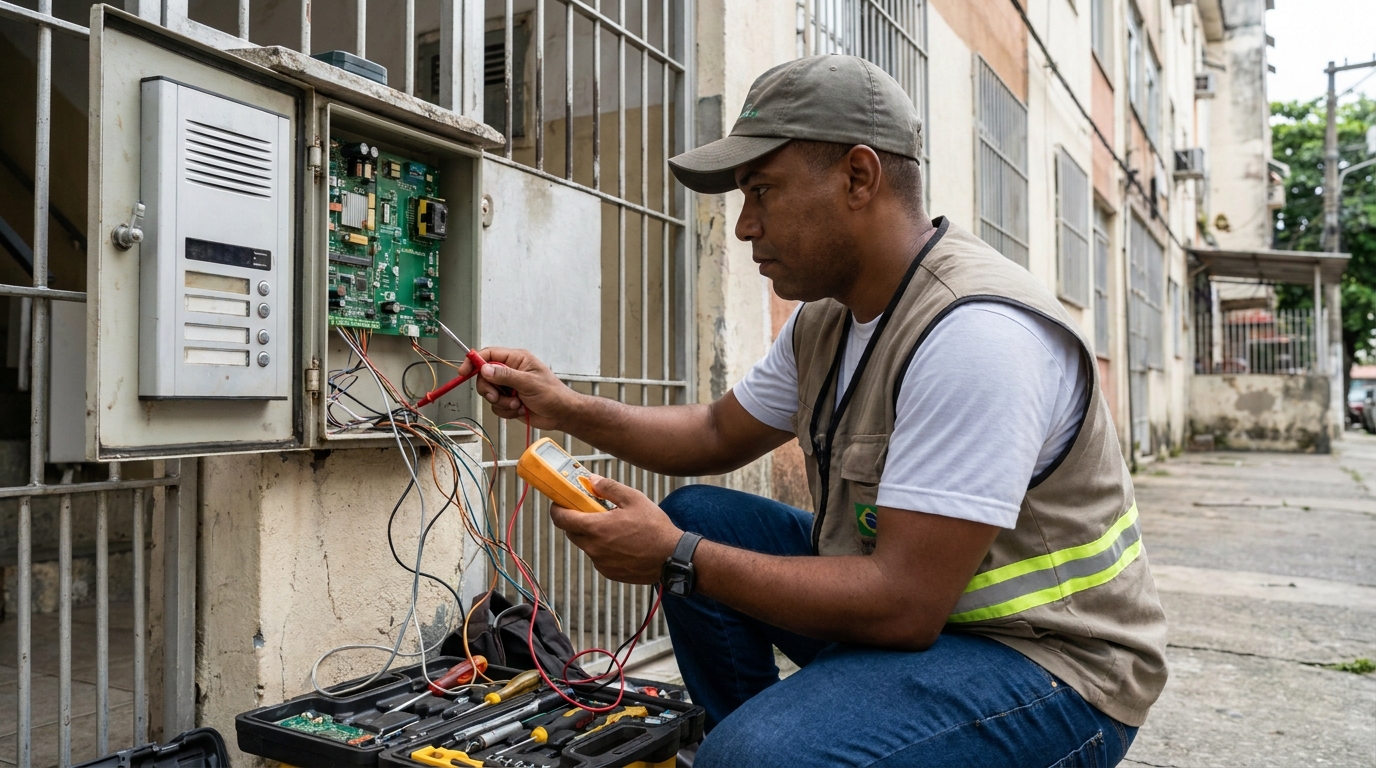 Eletricista consertando interfone em Passo Fundo‑RS