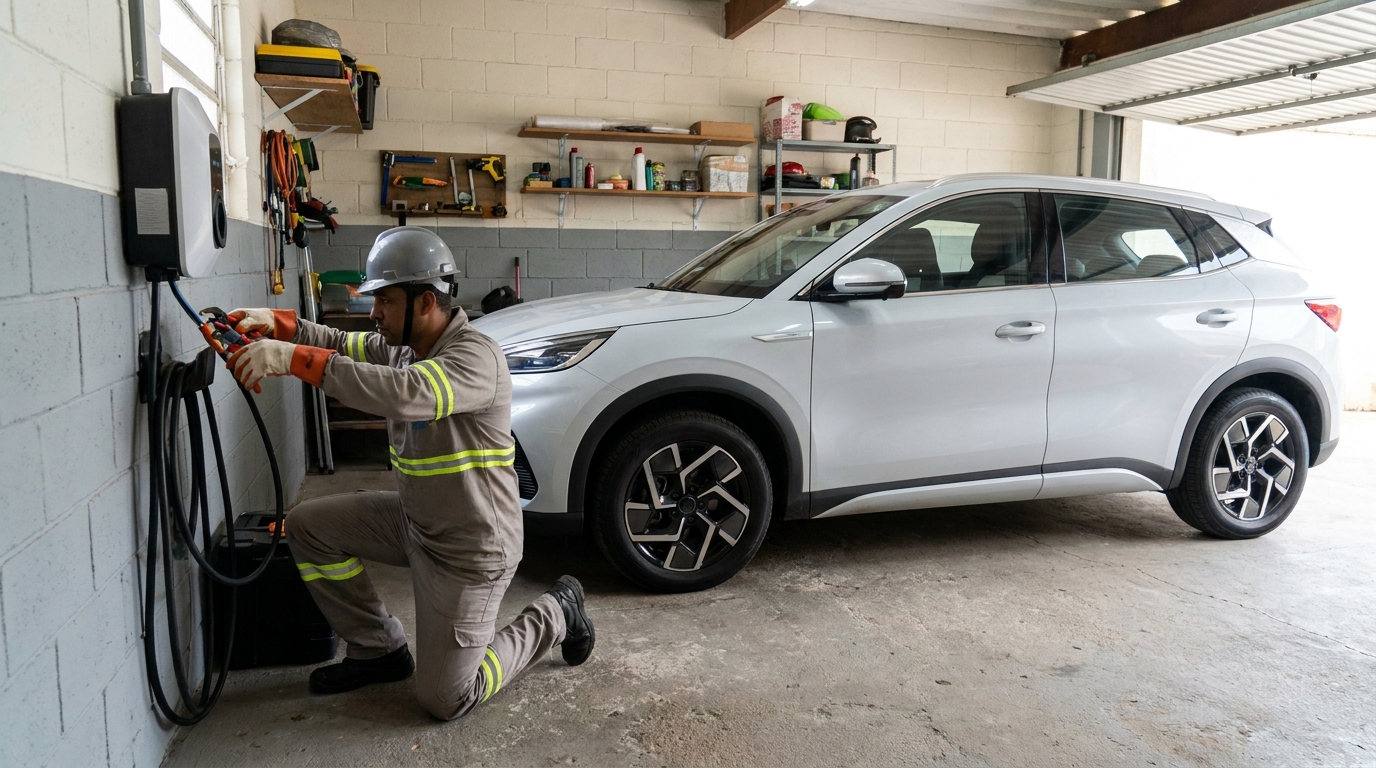 Eletricista instalando carregador de carro eletrico em Passo Fundo‑RS