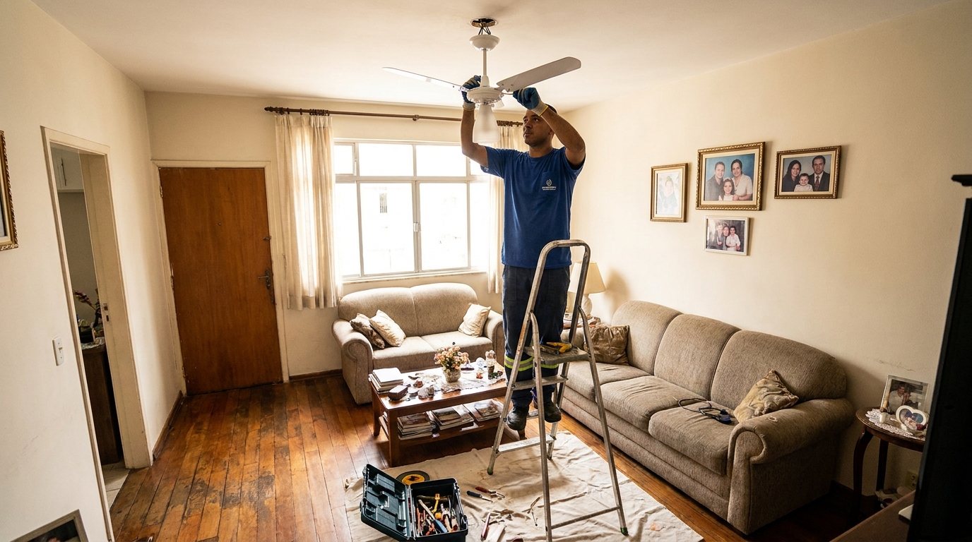 Eletricista instalando ventilador de teto em Passo Fundo‑RS